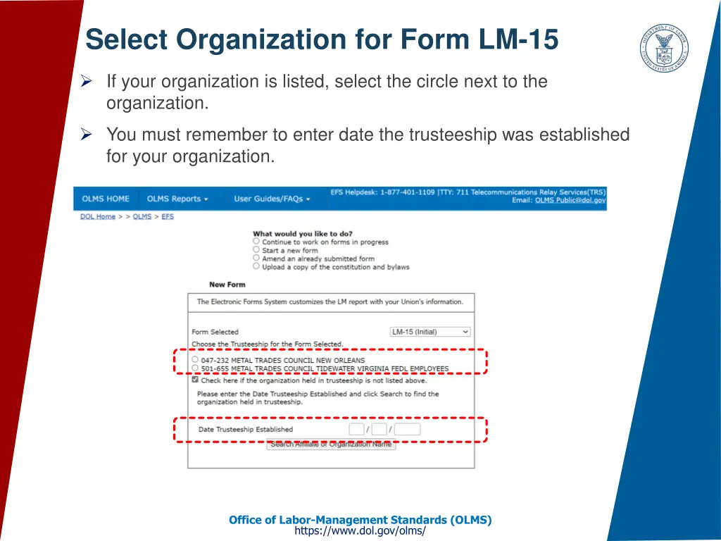 select organization for form lm 15