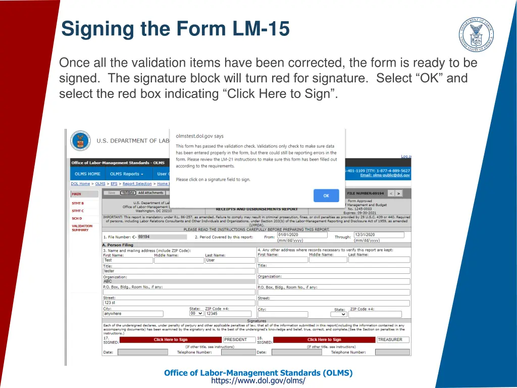 signing the form lm 15