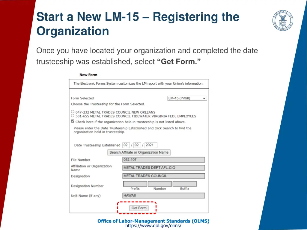 start a new lm 15 registering the organization