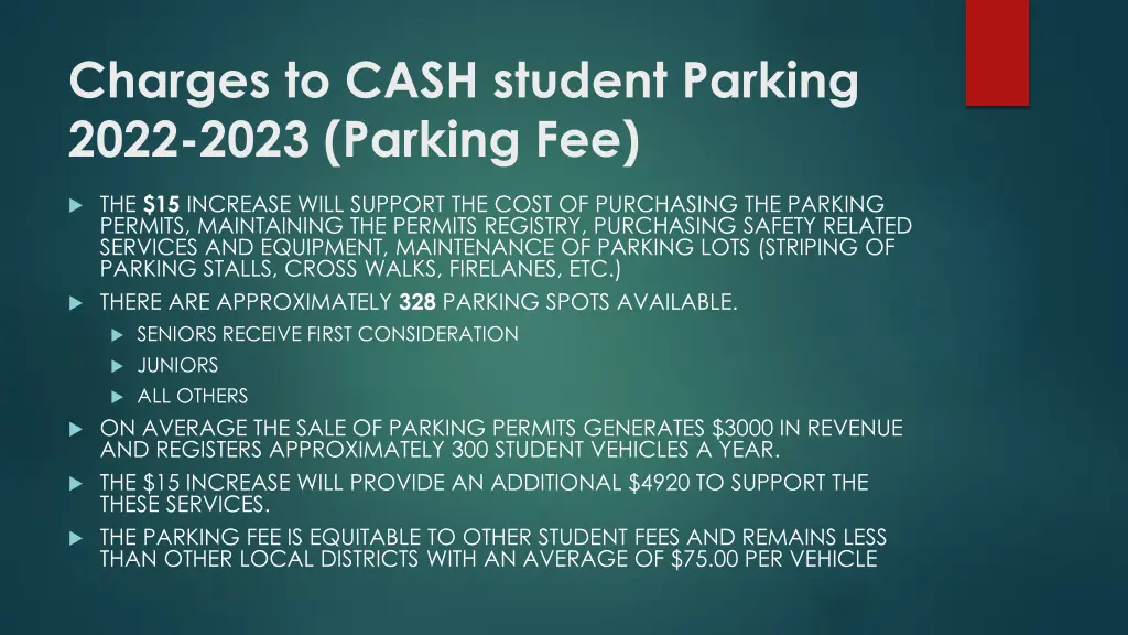 charges to cash student parking 2022 2023 parking