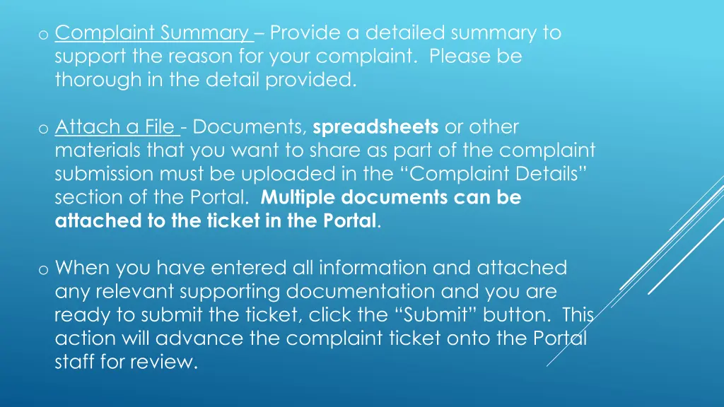 o complaint summary provide a detailed summary