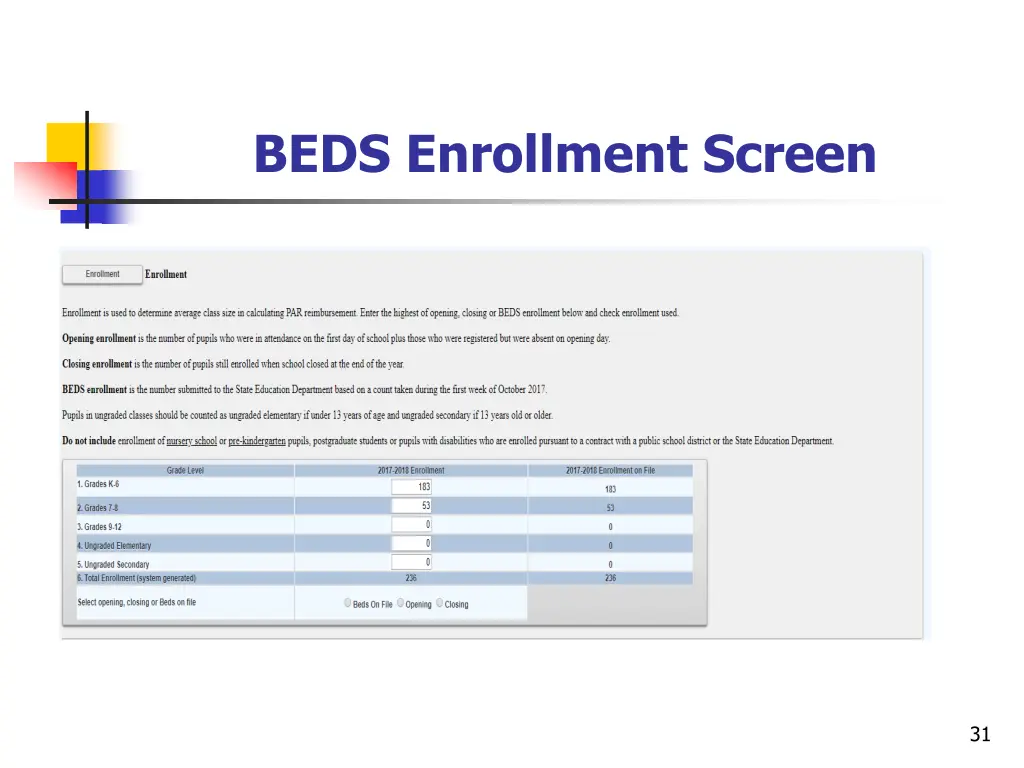 beds enrollment screen