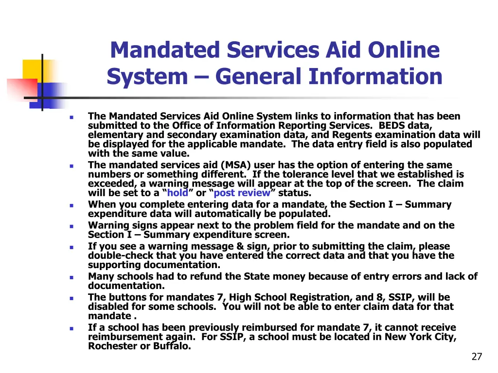 mandated services aid online system general