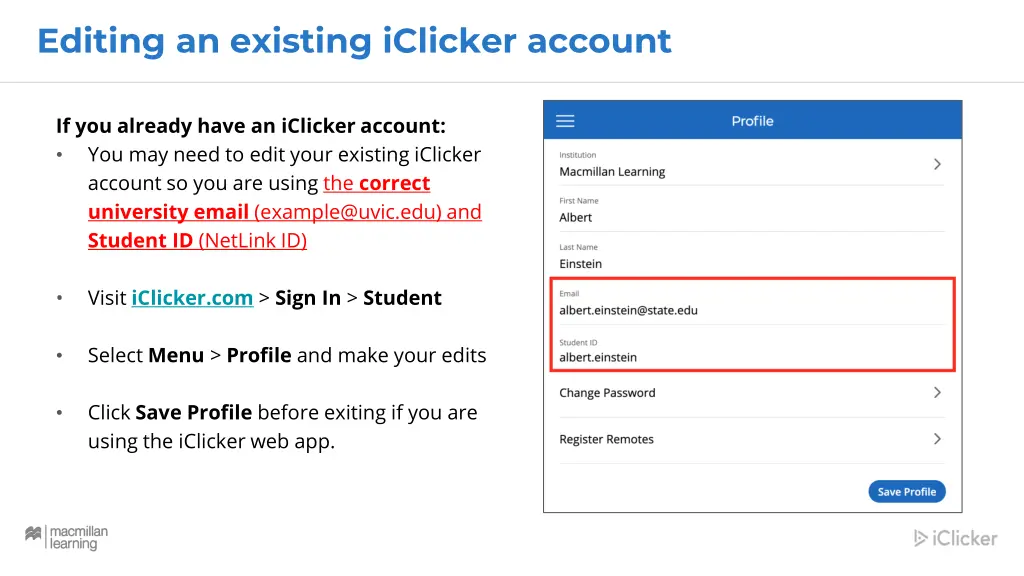 editing an existing iclicker account