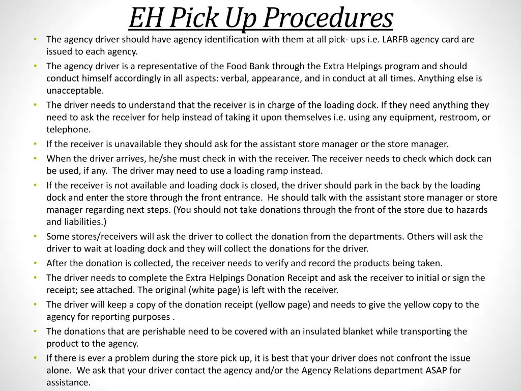 eh pick up procedures the agency driver should