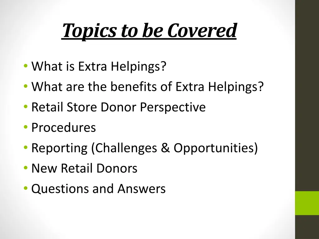 topics to be covered