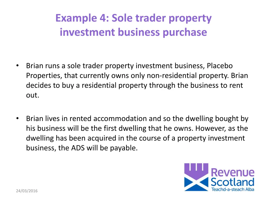 example 4 sole trader property investment