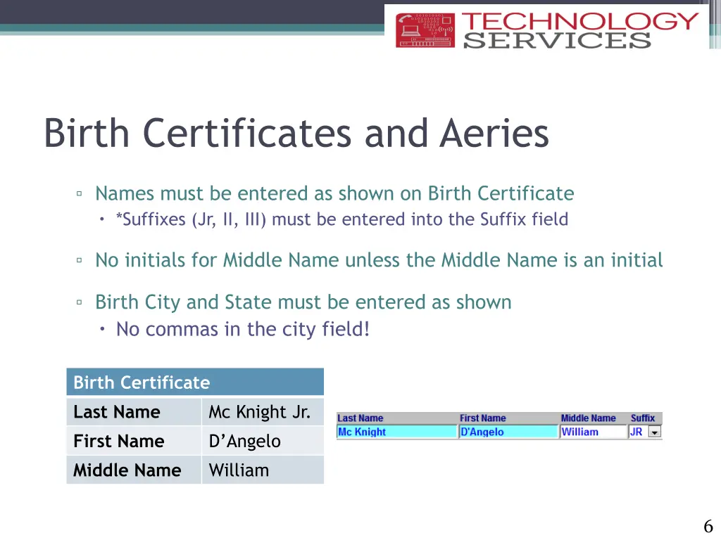 birth certificates and aeries