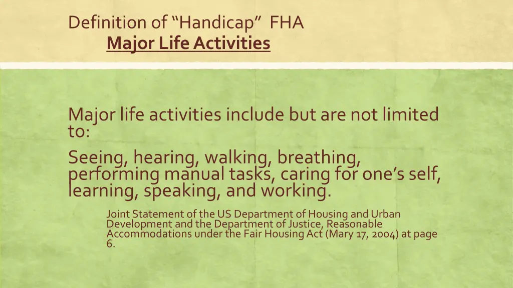 definition of handicap fha major life activities