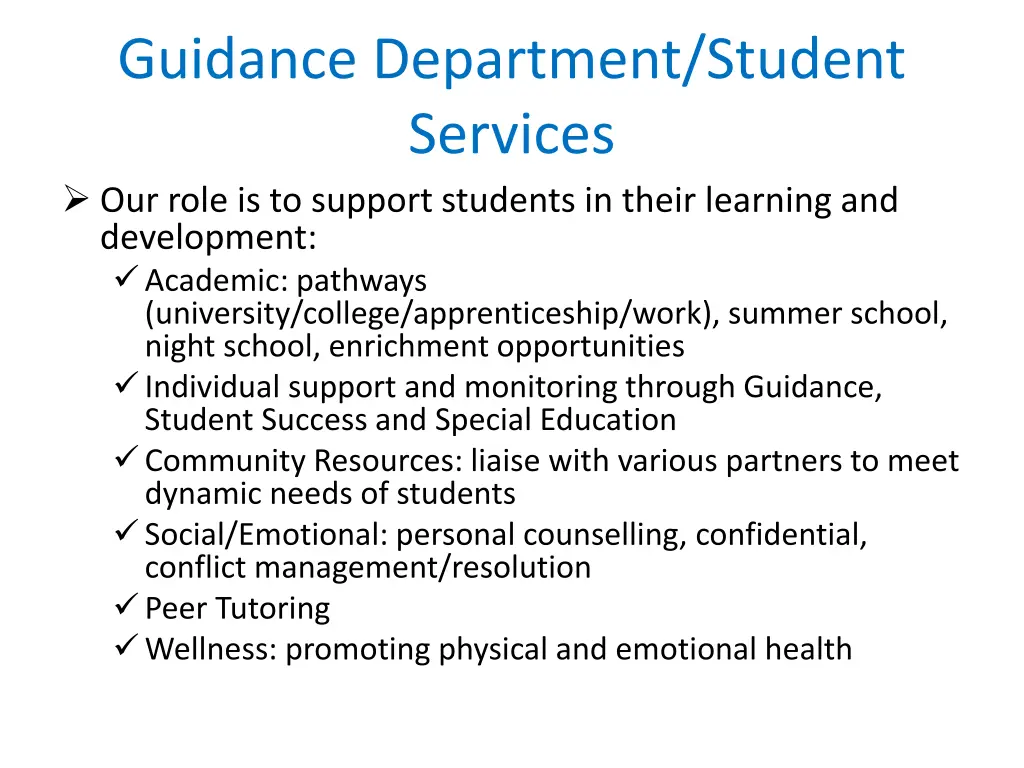 guidance department student services our role