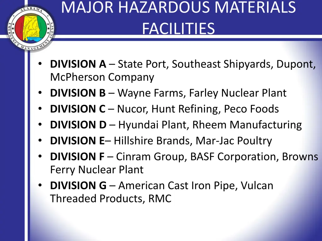 major hazardous materials facilities