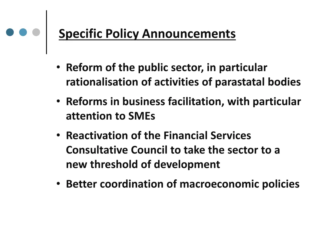 specific policy announcements