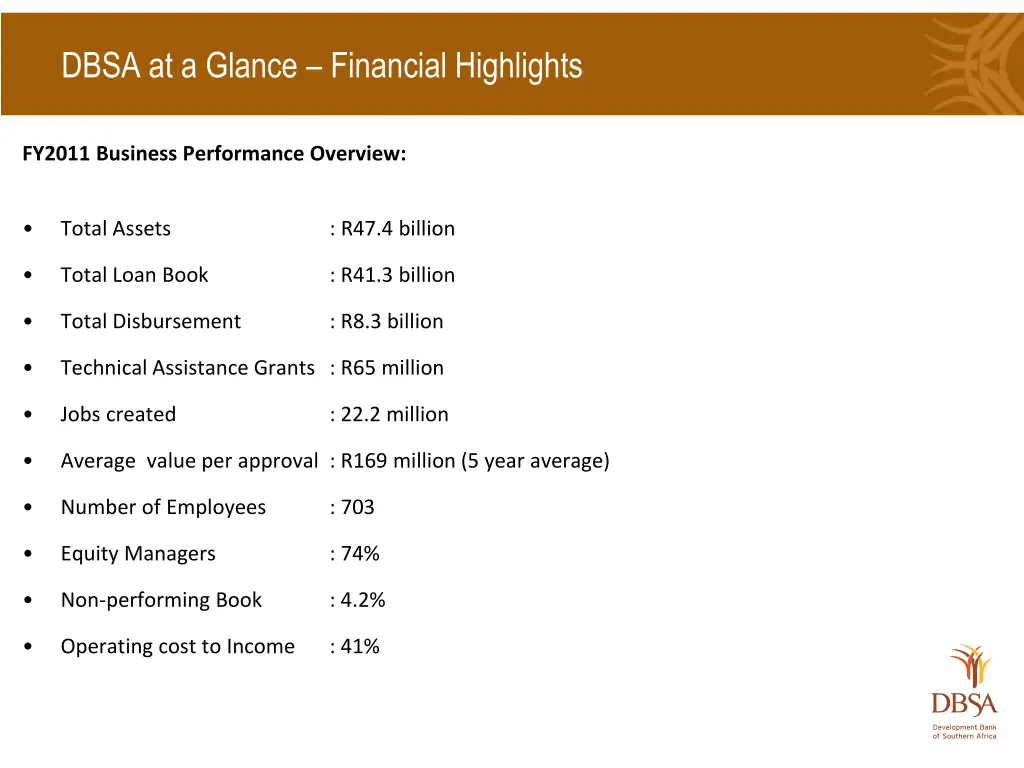 dbsa at a glance financial highlights