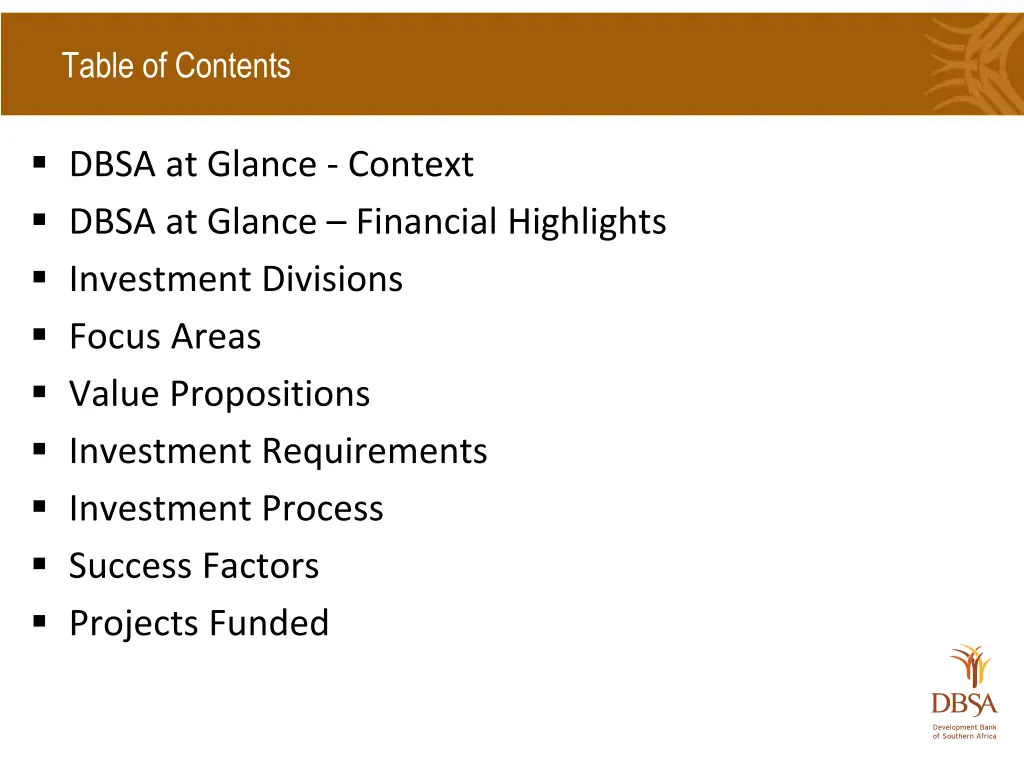 table of contents