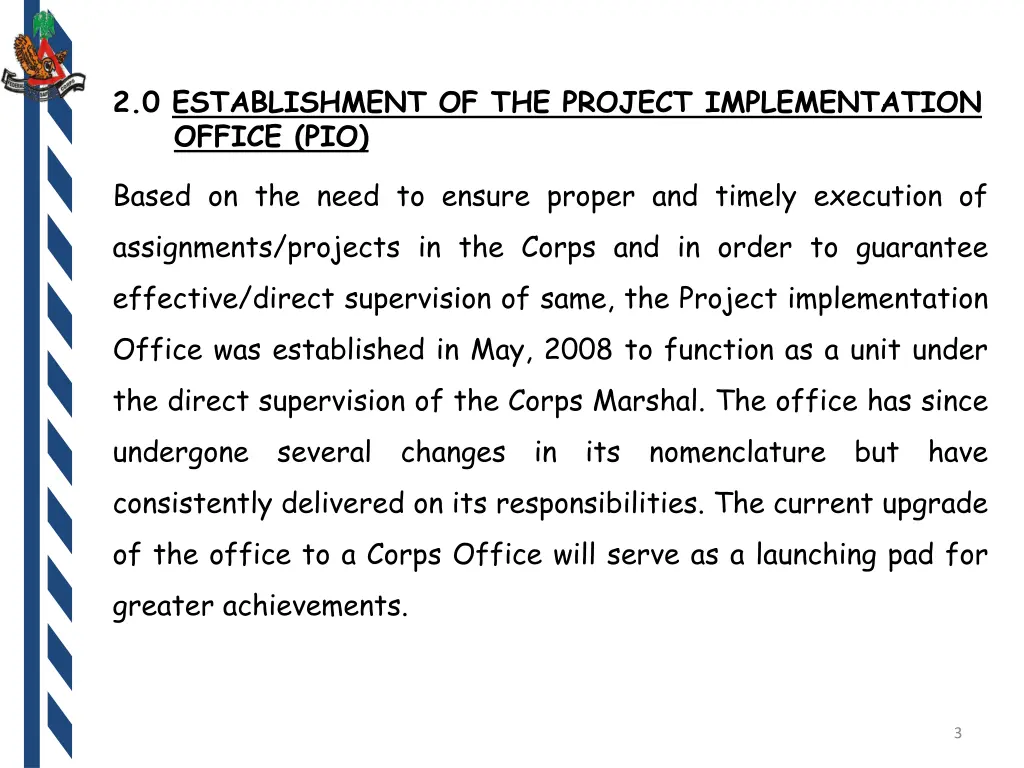 2 0 establishment of the project implementation