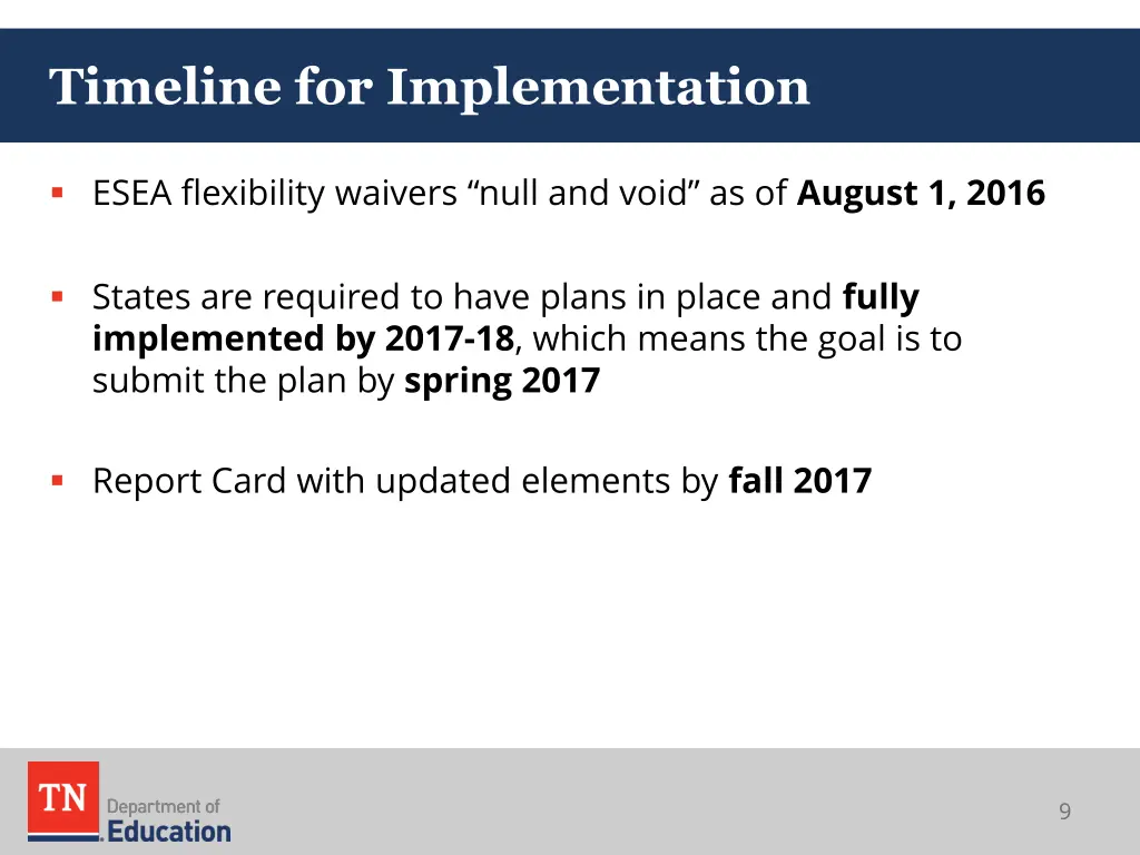 timeline for implementation