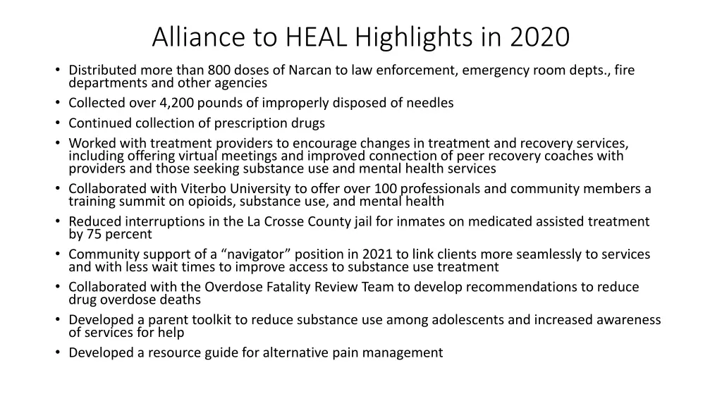 alliance to heal highlights in 2020 distributed