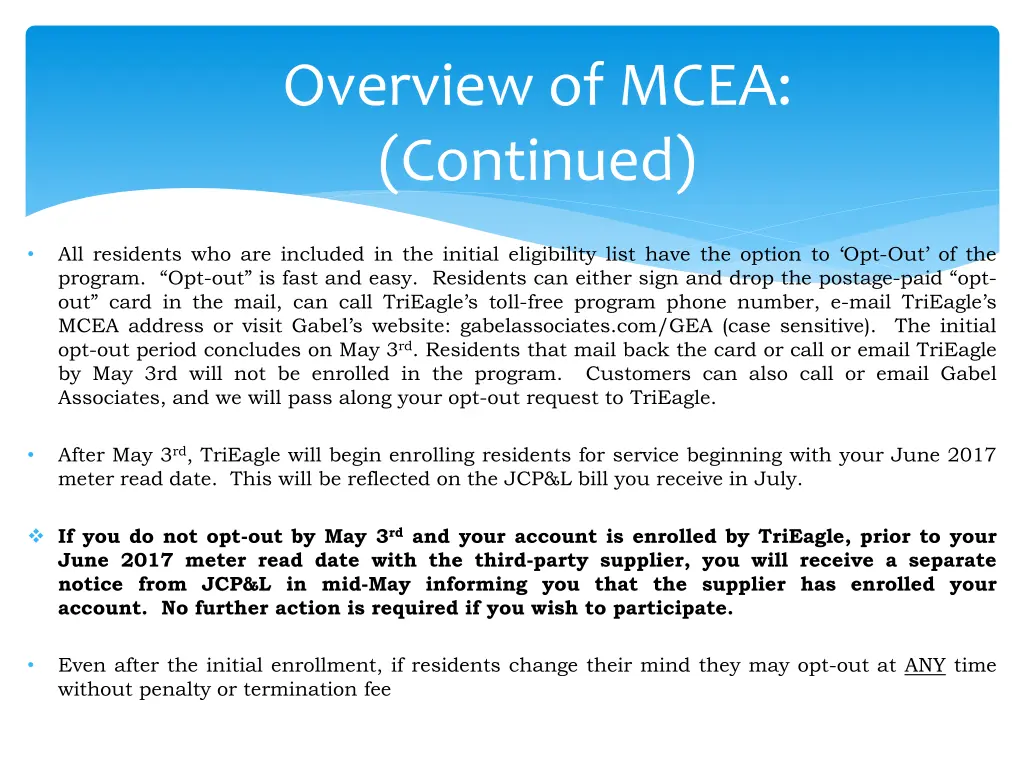 overview of mcea continued