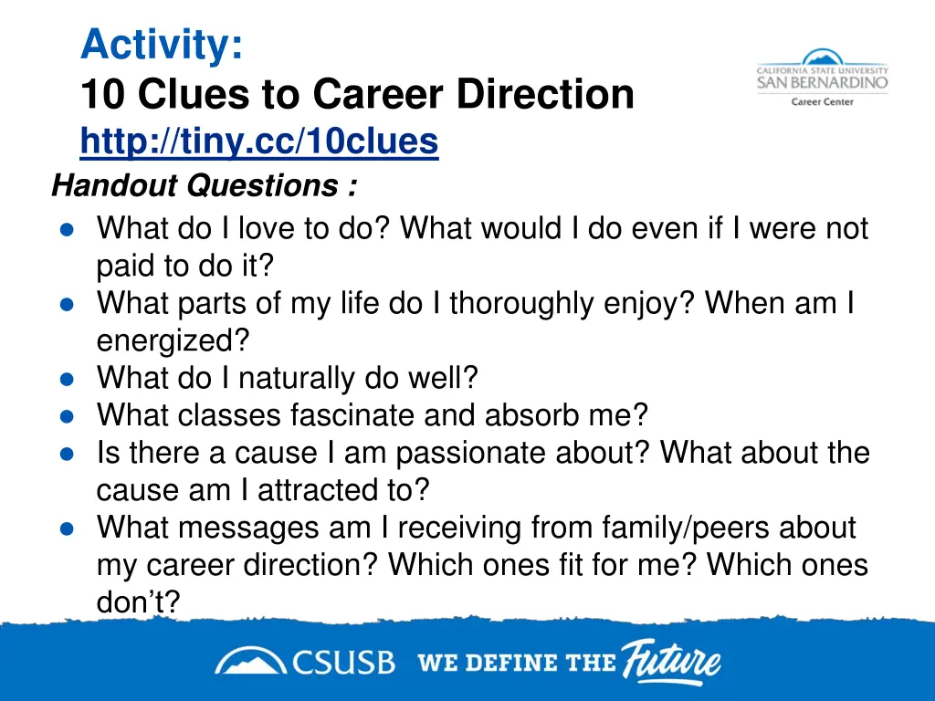 activity 10 clues to career direction http tiny