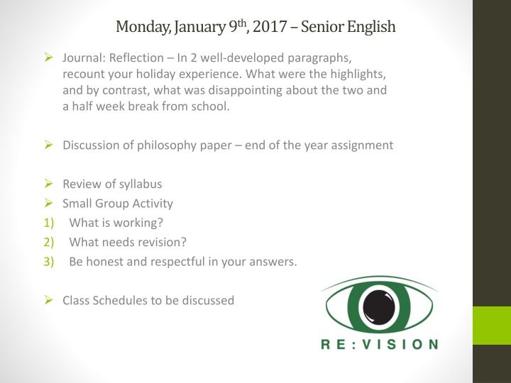 monday january 9 th 2017 senior english