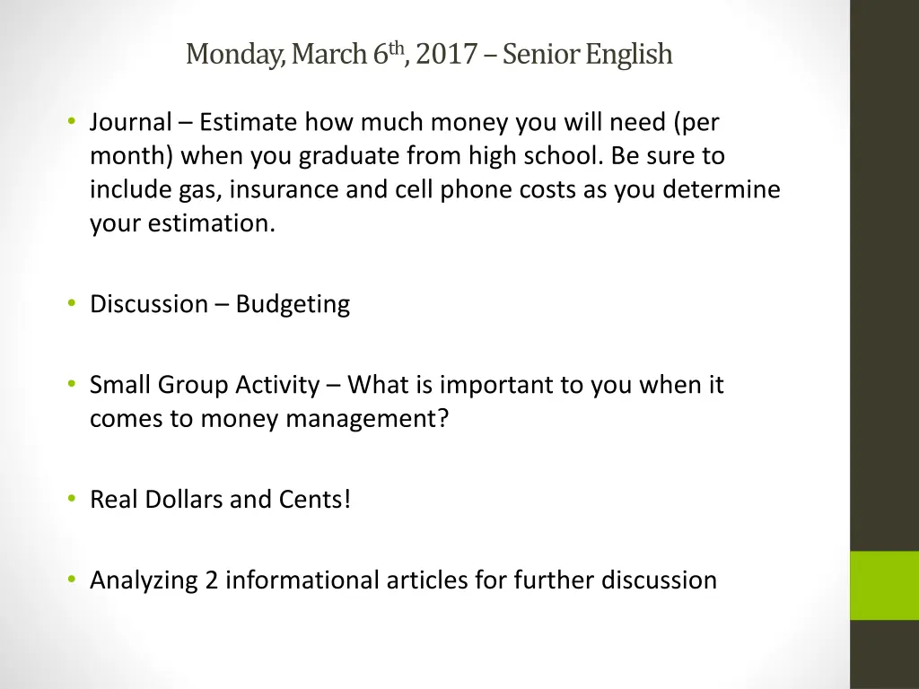 monday march 6 th 2017 senior english