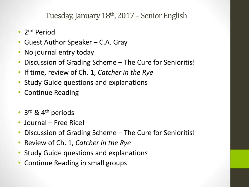 tuesday january 18 th 2017 senior english