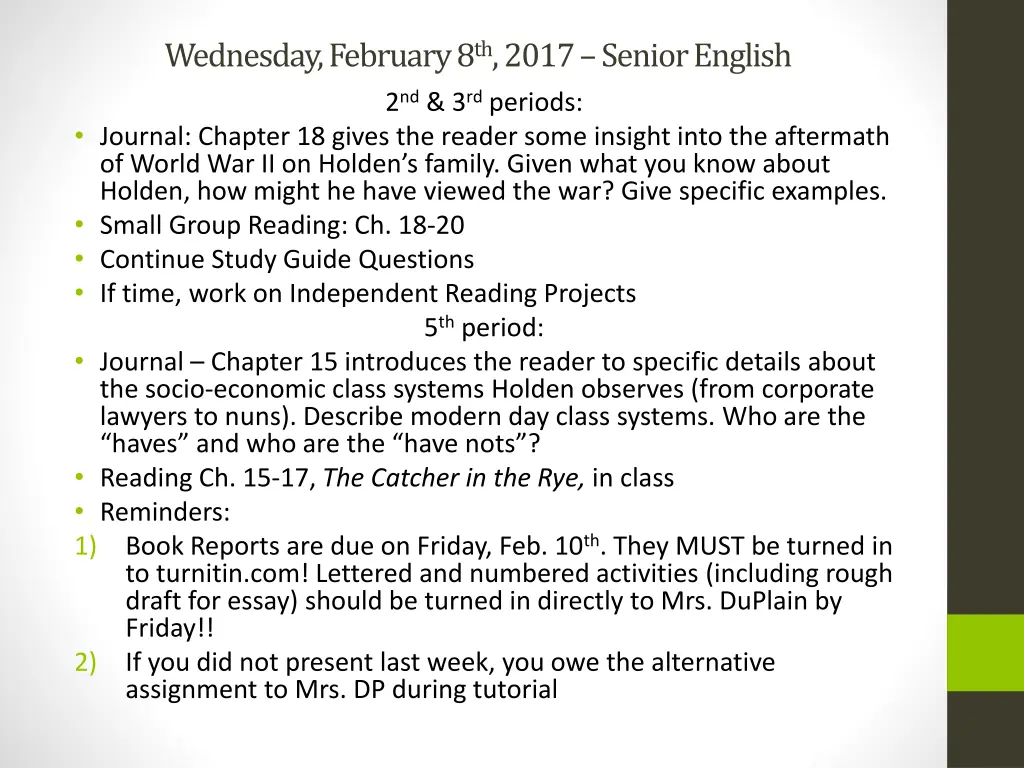 wednesday february 8 th 2017 senior english