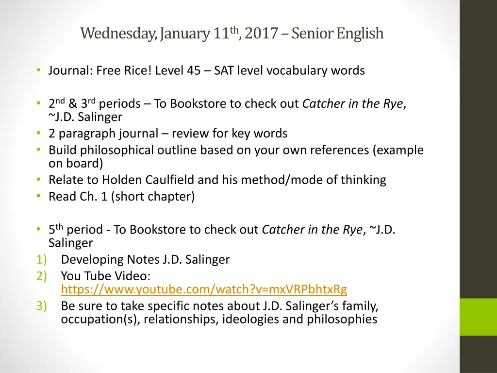 wednesday january 11 th 2017 senior english