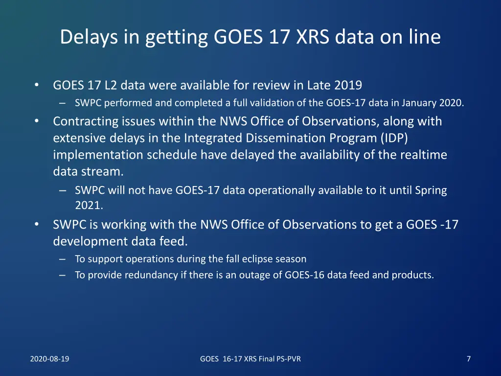 delays in getting goes 17 xrs data on line