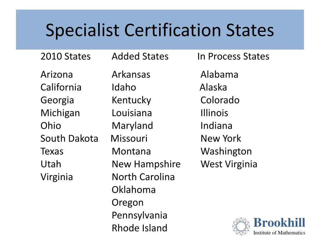 specialist certification states