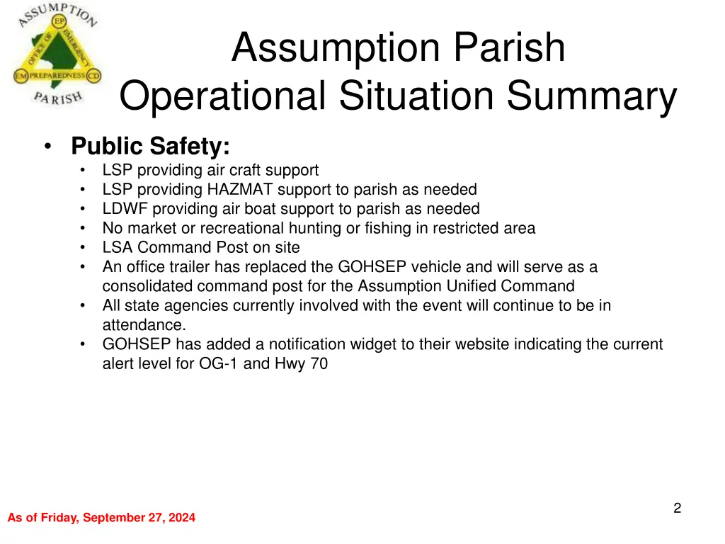 assumption parish operational situation summary 1