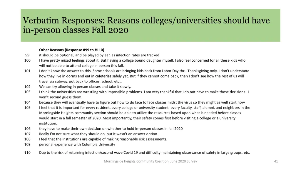 verbatim responses reasons colleges universities 21