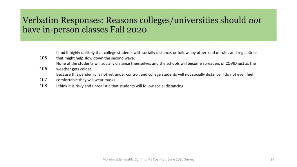 verbatim responses reasons colleges universities 9