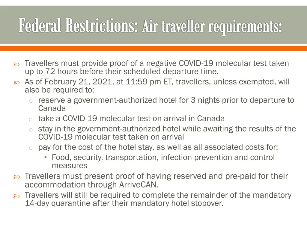 federal restrictions air traveller requirements