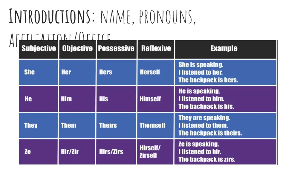 introductions name pronouns affiliation office