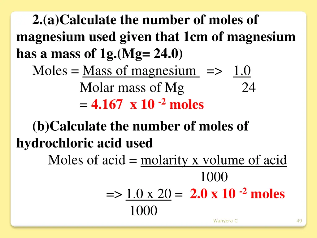 2 a calculate the number of moles of magnesium