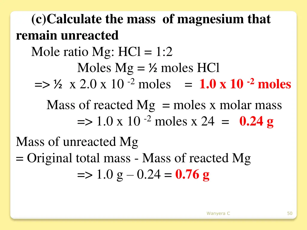 c calculate the mass of magnesium that remain