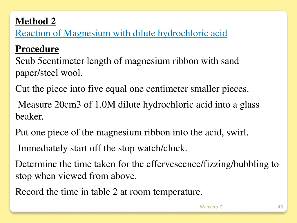 method 2 reaction of magnesium with dilute 1