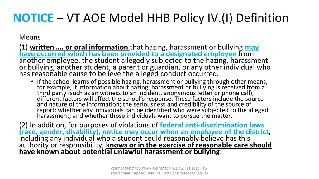 notice vt aoe model hhb policy iv i definition