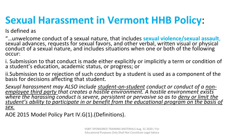 sexual harassment in vermont hhb policy