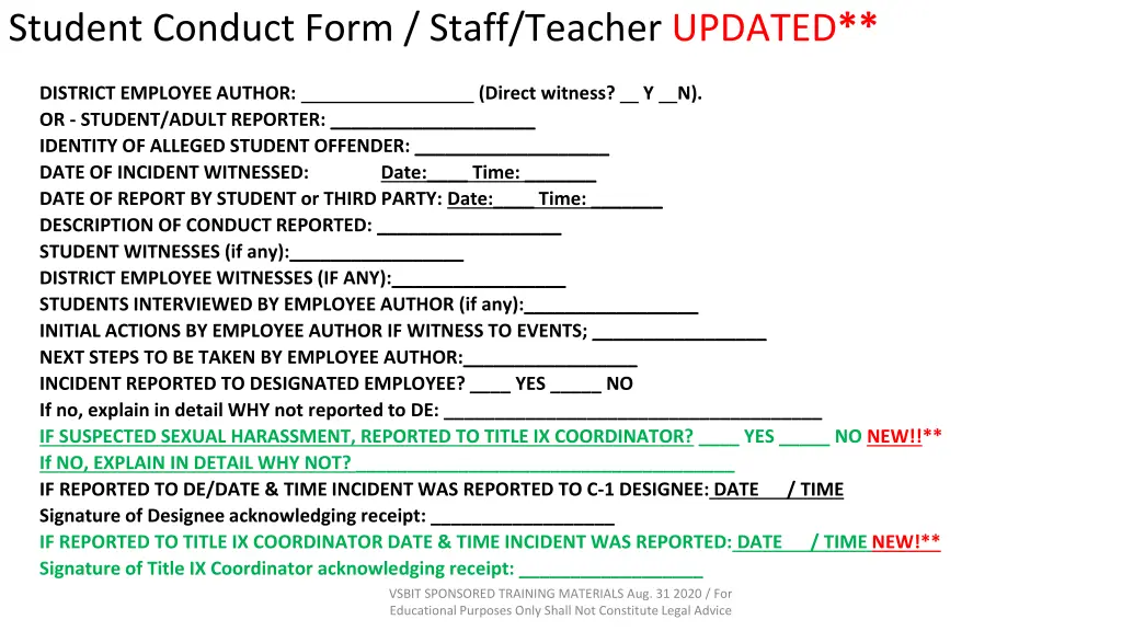 student conduct form staff teacher updated