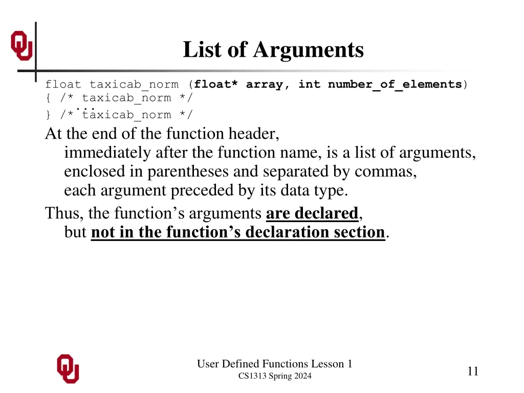 list of arguments