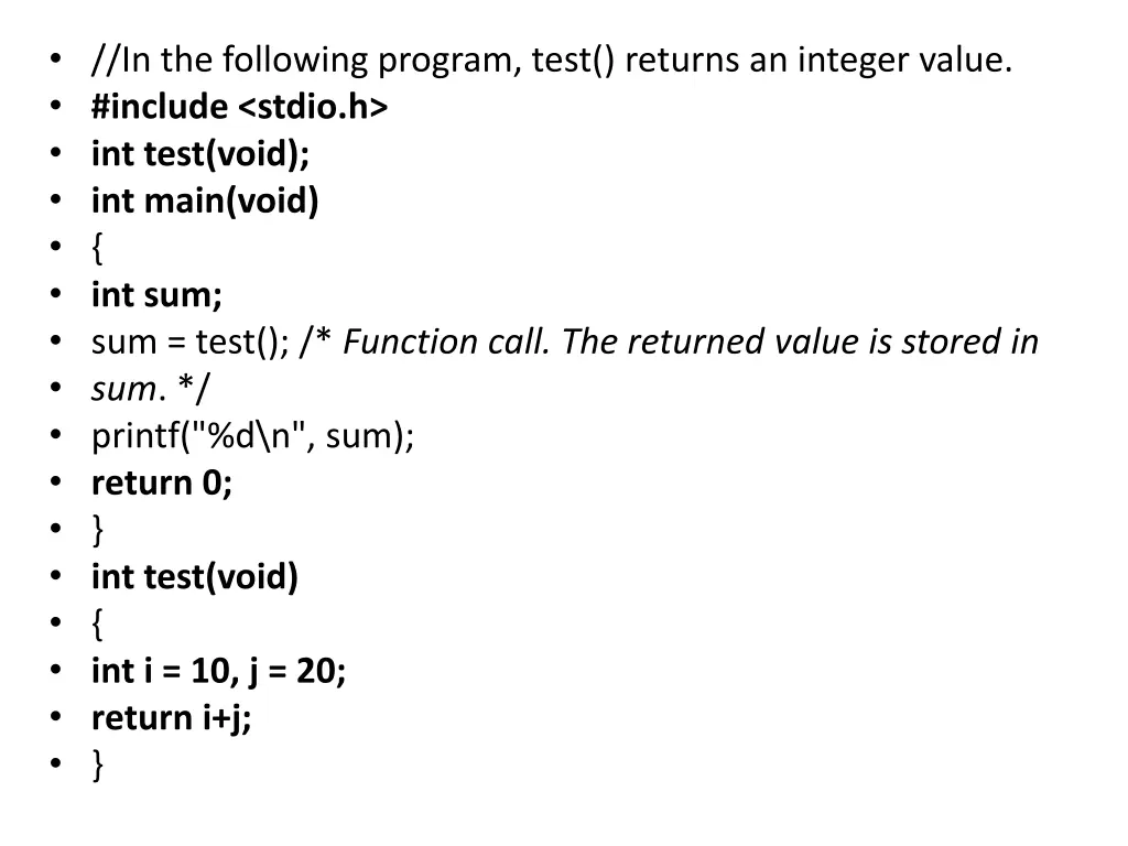 in the following program test returns an integer