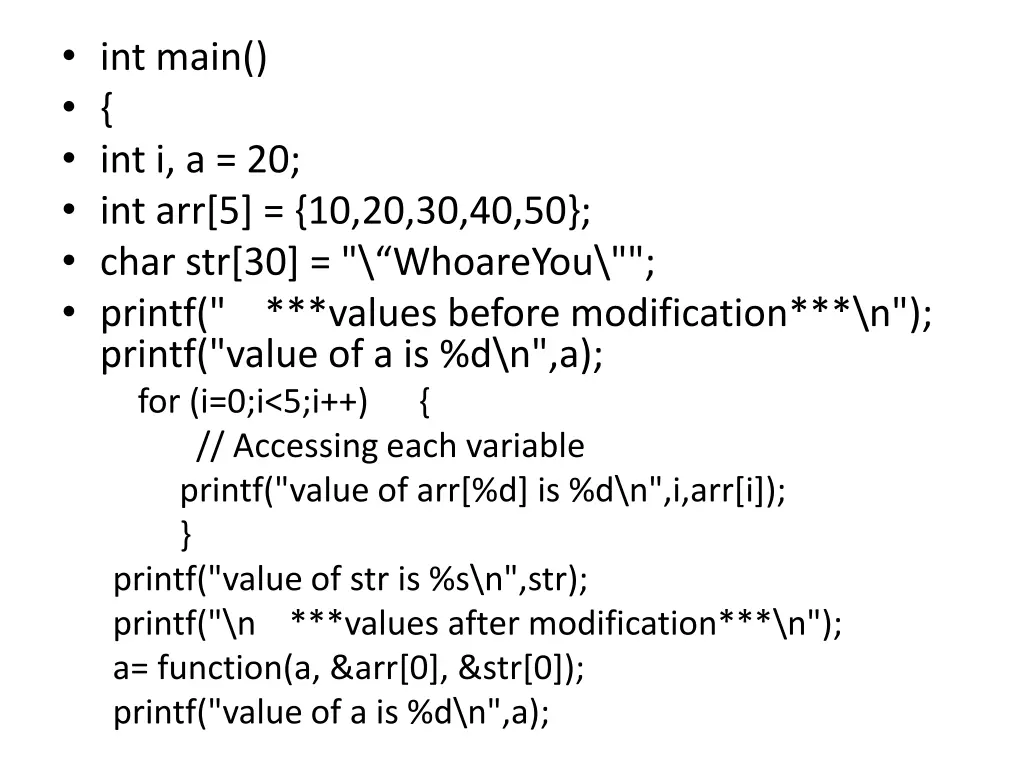 int main int i a 20 int arr 5 10 20 30 40 50 char