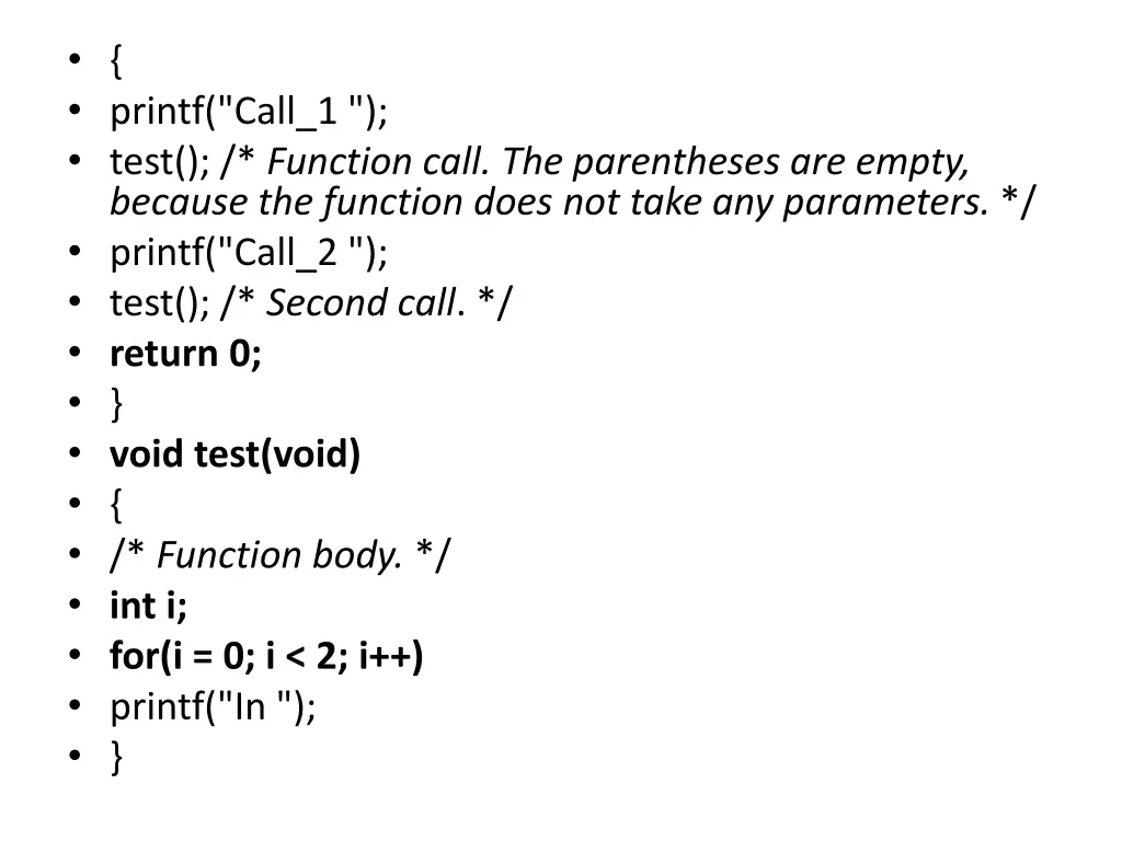 printf call 1 test function call the parentheses