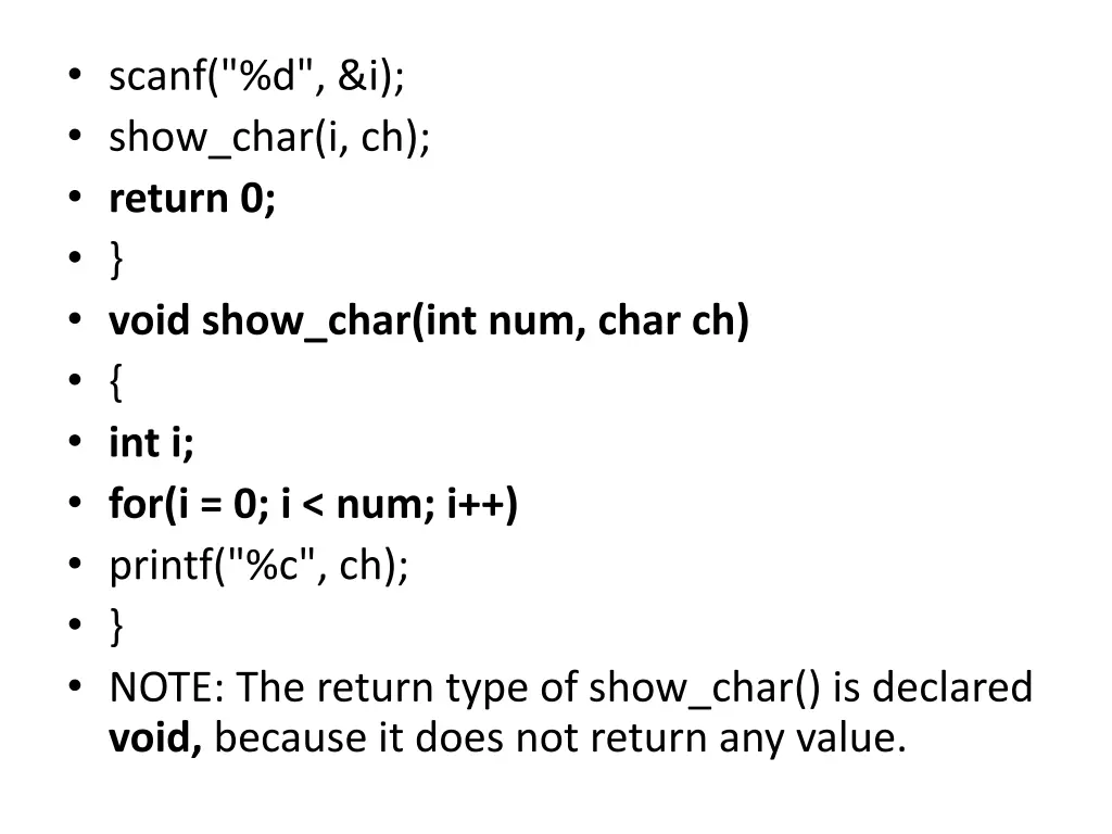 scanf d i show char i ch return 0 void show char