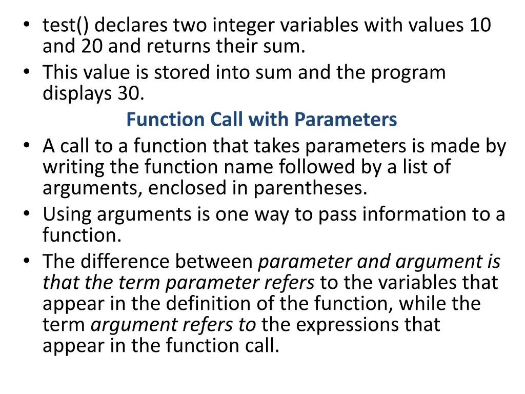 test declares two integer variables with values