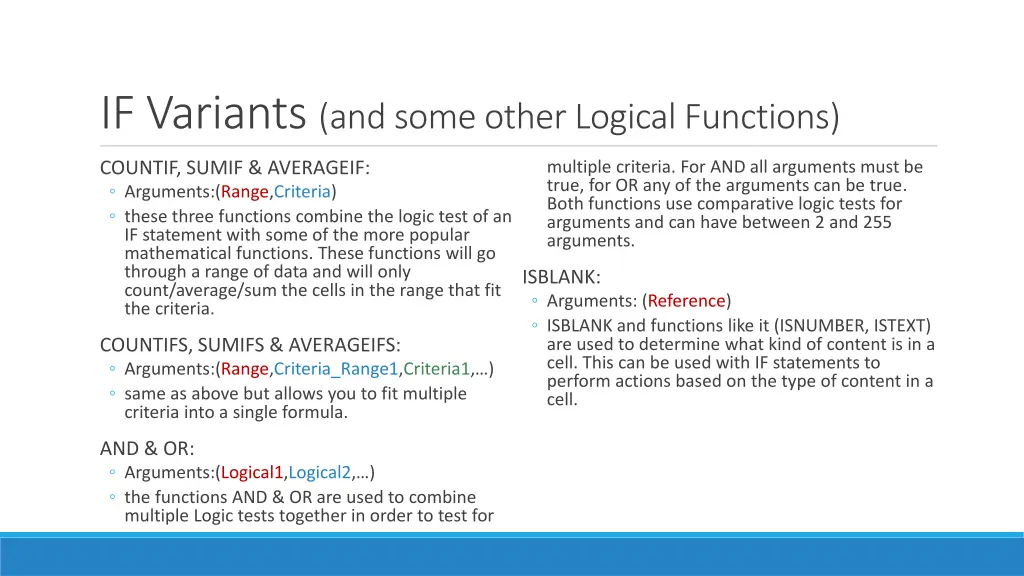 if variants and some other logical functions