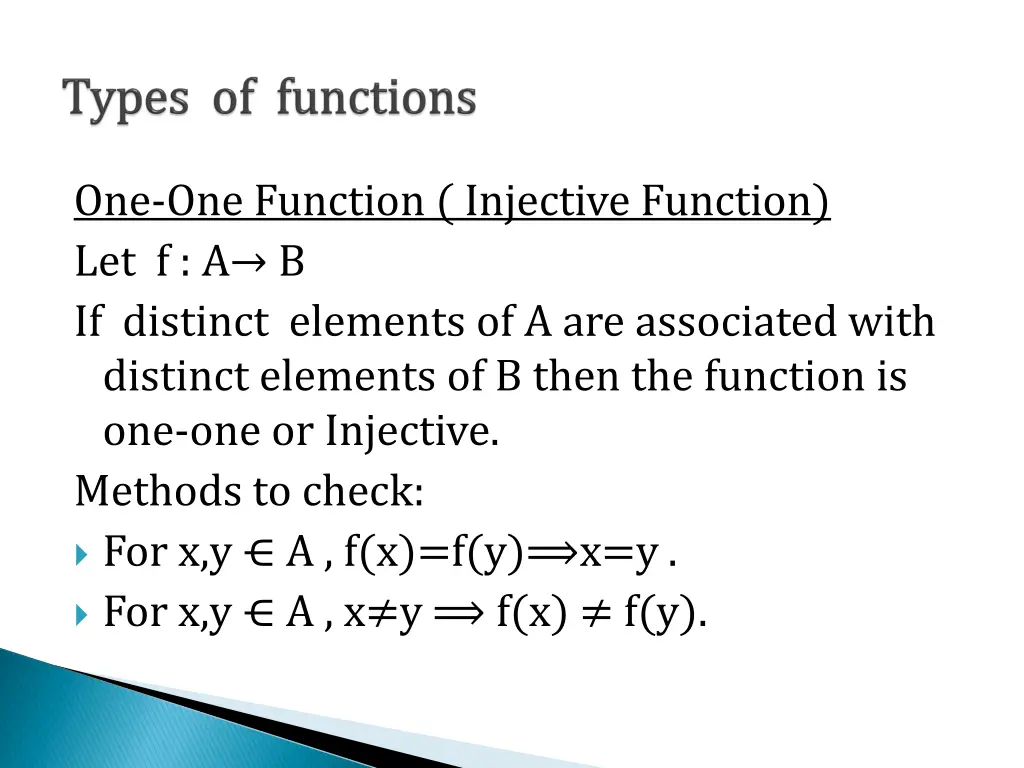 one one function injective function