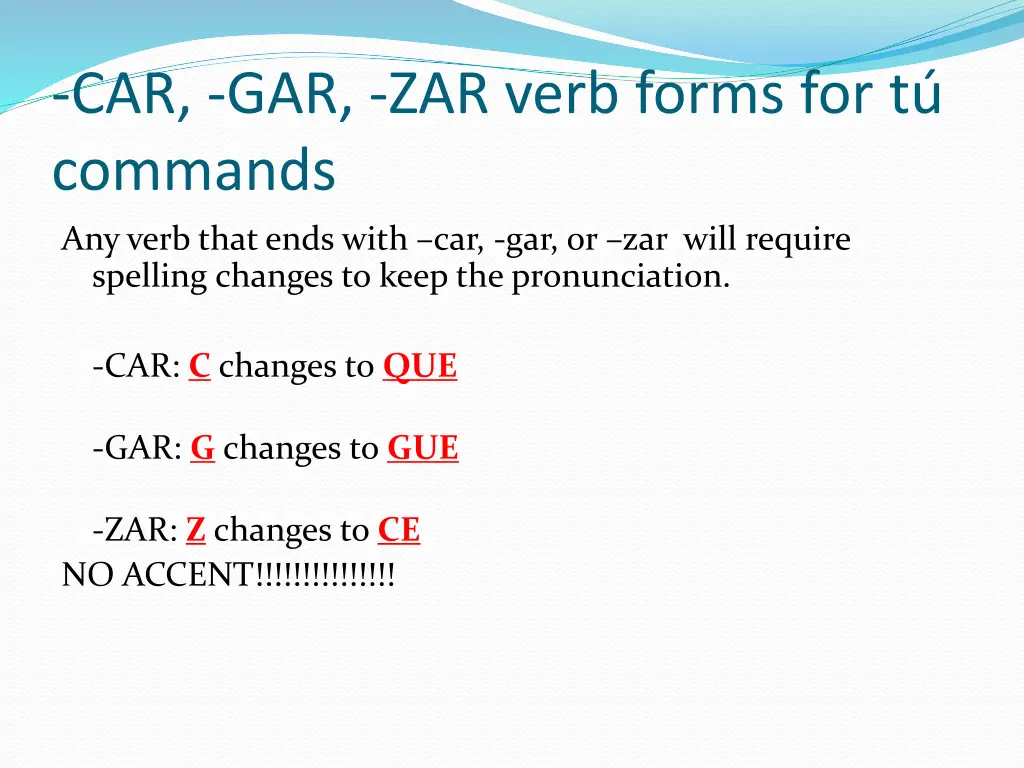 car gar zar verb forms for t commands